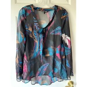 Express Blouse Womens Small Sheer Feather Print Bohemian Tie Neck Indie Sleaze